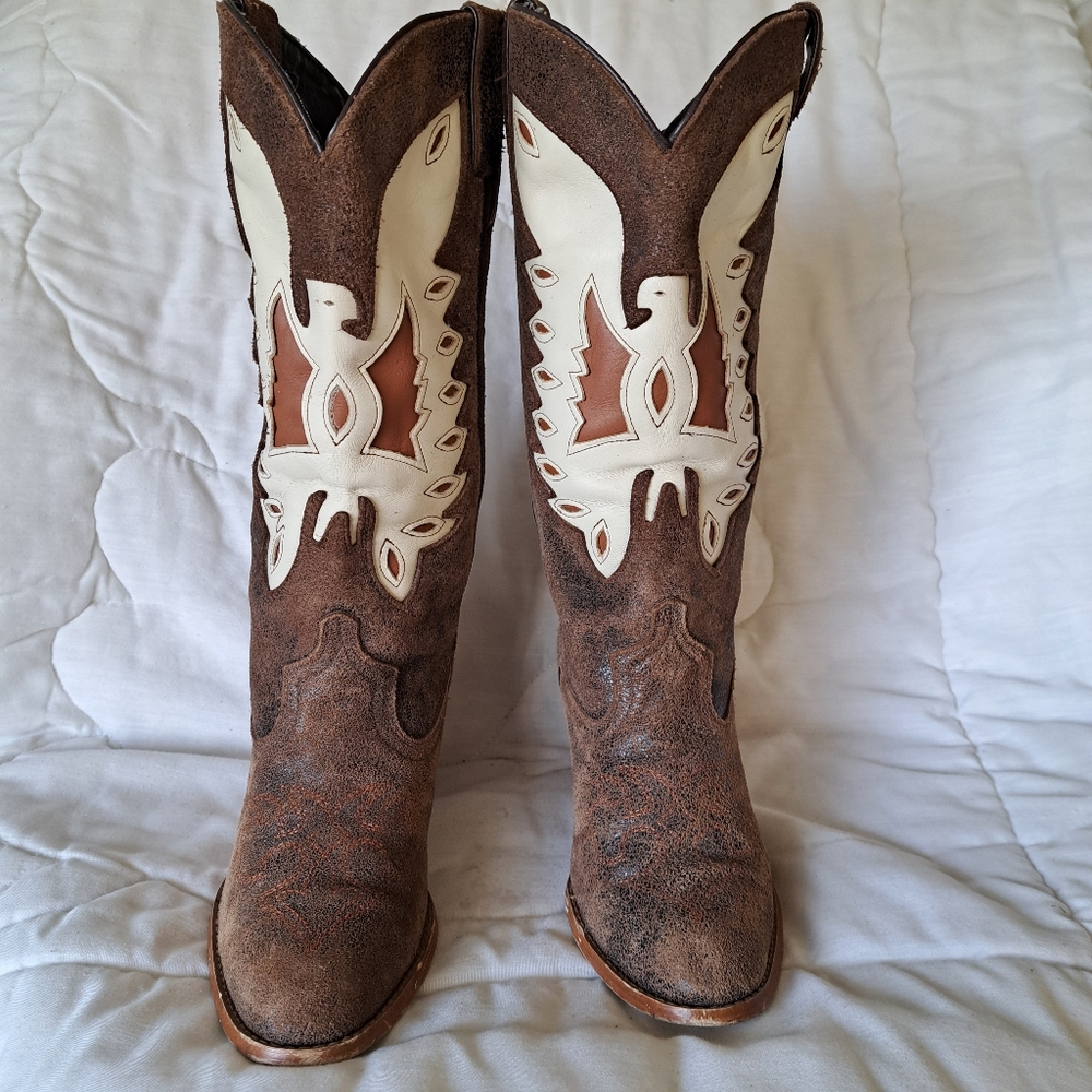 Vintage Western Leather Boots Eagle Inlay Dark Brown